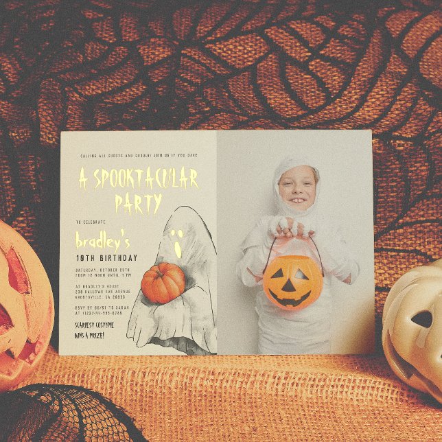 Foil Spooktacular Halloween Ghost Photo Birthday Foil Invitation (Creator Uploaded)