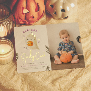 Foil Spooky One Girl Halloween 1st Birthday Photo Invitation