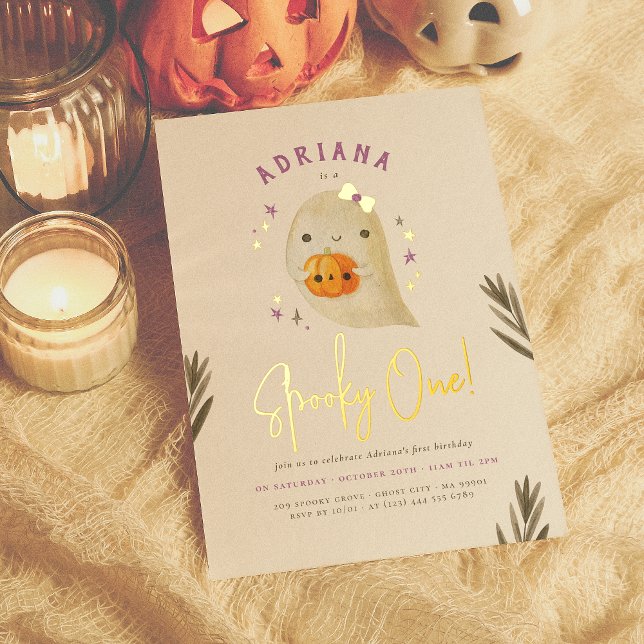 Foil Spooky One Girl Halloween First Birthday Invitation (Creator Uploaded)