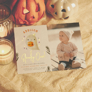 Foil Spooky One Halloween First Birthday Photo Invitation