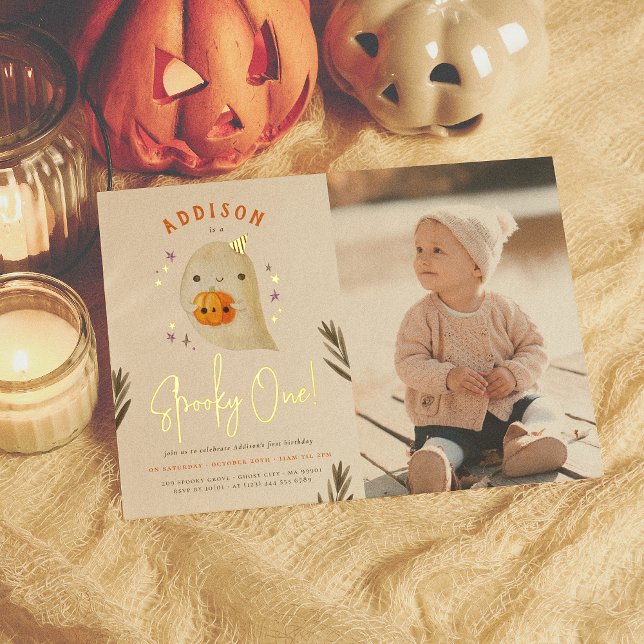 Foil Spooky One Halloween First Birthday Photo Invitation (Creator Uploaded)