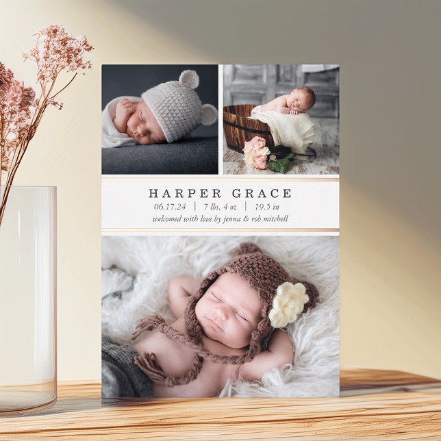 Foil Stripe 3 Photo Birth Announcement (Creator Uploaded)