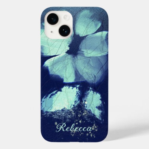 Foil Torquoise Floral Navy Blue Script Monogram Case_Mate iPhone 14 Case