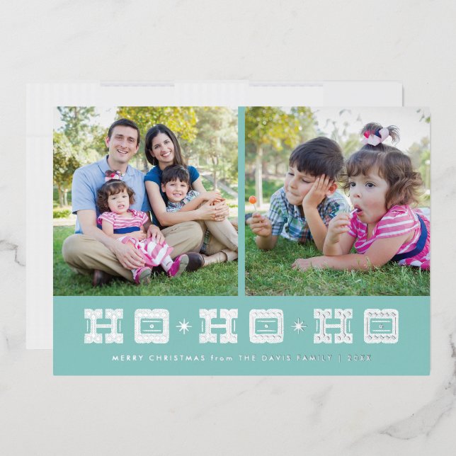 Foil Typographic Ho Ho Ho Holiday Card - Blue (Envelope)