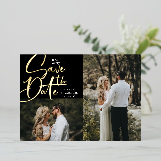 Foil Typography 2 Photo Save the Date Foil Invitation (Standing Front)
