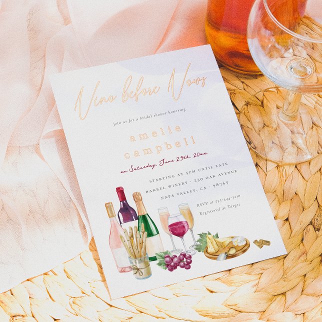 Foil Vino Before Vows Wine Bridal Shower Invitation (Card Front Mock-up)