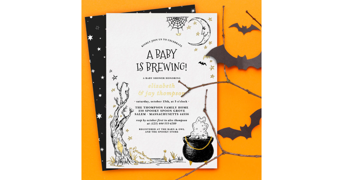 Foil Vintage Halloween Baby Is Brewing Baby Shower Foil Invitation | Zazzle