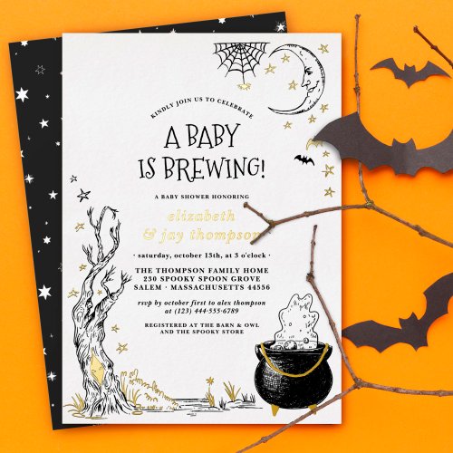 Foil Vintage Halloween Baby Is Brewing Baby Shower Foil Invitation