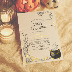 Foil Vintage Halloween Baby Is Brewing Baby Shower Invitation