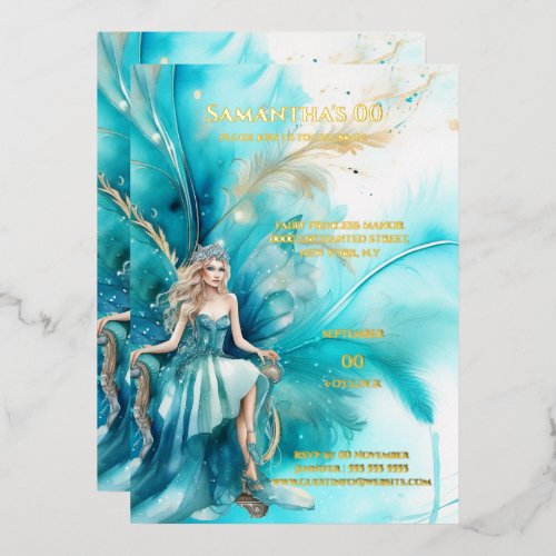 Foil watercolor fairy princess teal gold floral  foil invitation
