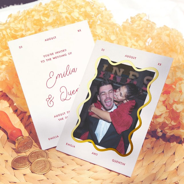 Foil Wavy Frame Retro Photo Wedding Invitation (Creator Uploaded)