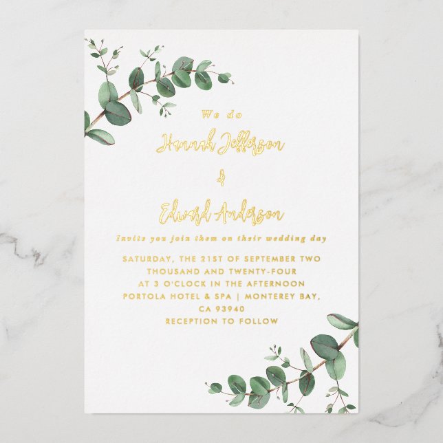 foil Wedding green Eucalyptus botanical Invitation Foil Invitation (Front)