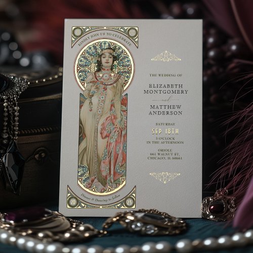Foil Wedding Invitation Card Art Nouveau by Mucha