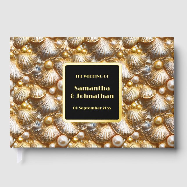 Foil wedding | shell nautical beach pattern gold foil guest book  (Front)