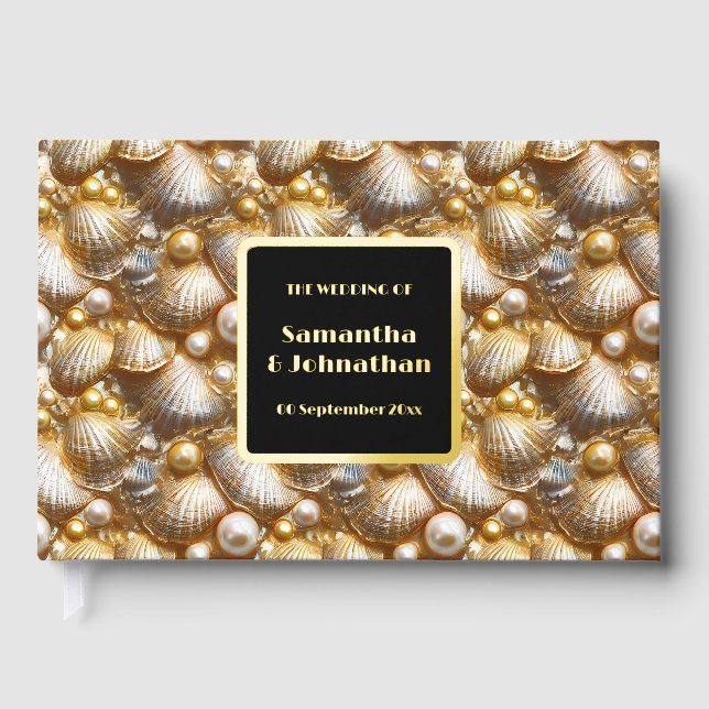 Foil wedding | shell nautical beach pattern gold guest book  (Front)