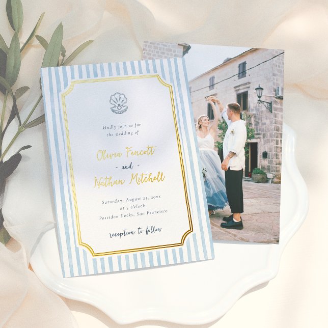 Foil Whimsical Retro Blue Stripes Wedding Invitation (Creator Uploaded)
