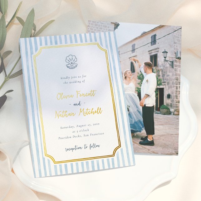 Foil Whimsical Retro Blue Stripes Wedding Invitation (Creator Uploaded)