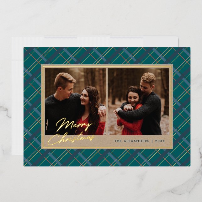 Foil Winter Plaid Christmas 2-Photo Card - Green (Envelope)