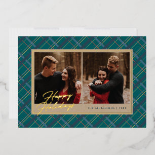 Foil Winter Plaid Holiday 2-Photo Card - Green