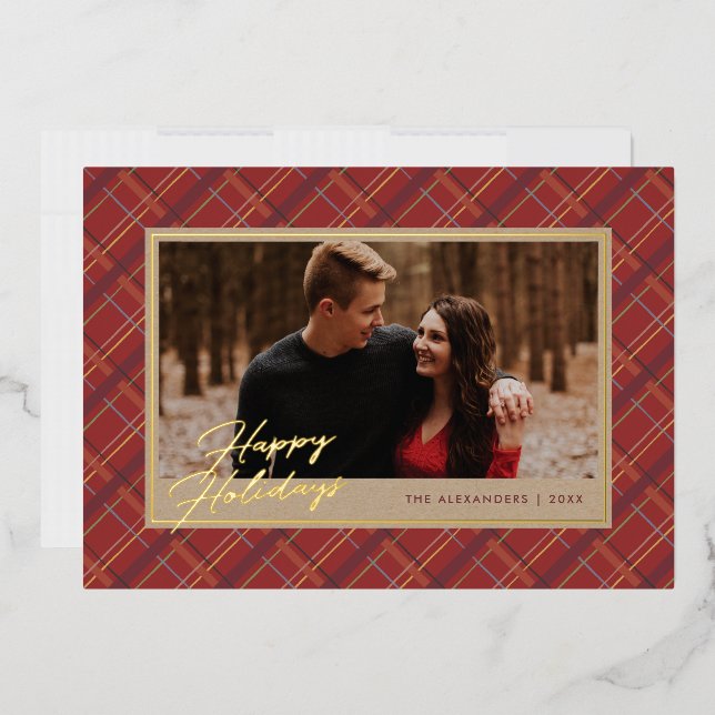 Foil Winter Plaid Holiday Photo Card - Red (Envelope)