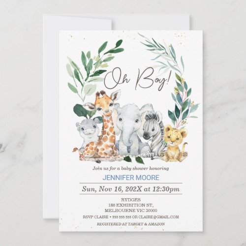 Foilage Wreath Safari Animals Baby Shower Invitation