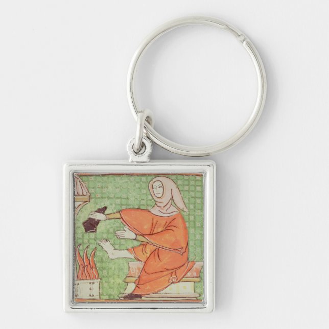 Fol.58r February: Warming by the Fire Keychain (Front)