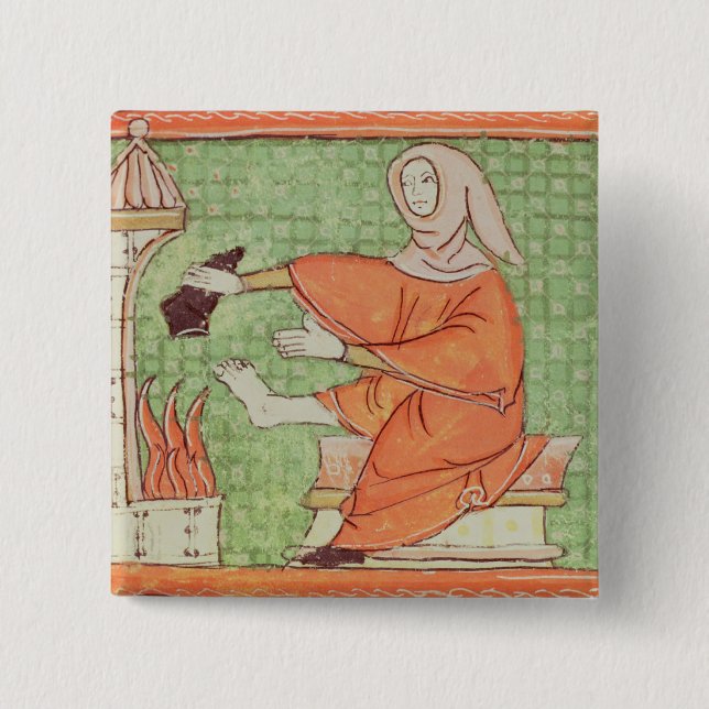 Fol.58r February: Warming by the Fire Pinback Button (Front)