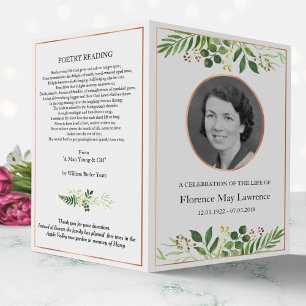 Foldable memorial program, greenery & rose gold flyer