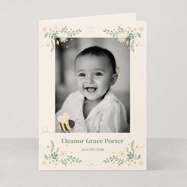 Folded 5x7 Bumblebee Keepsake Birth Announcement (Wildflower Flight - Folded 5x7" Honey Bee Photo New Baby Announcement)