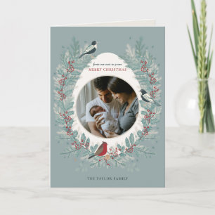 Folded Bird & Winter Botanical Christmas Photo Holiday Card