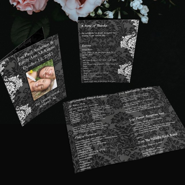 Folded Black Grey & White Damask Photo Wedding  (Creator Uploaded)