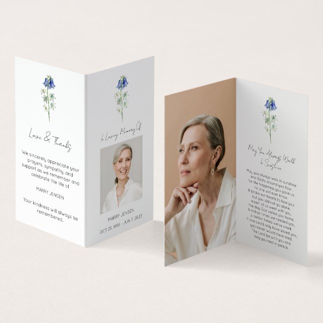 Folded Bluebell Photo Funeral Prayer Card (Inside and Outside)