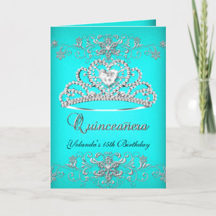 Folded Card Quinceanera Aqua Teal Glitter Tiara