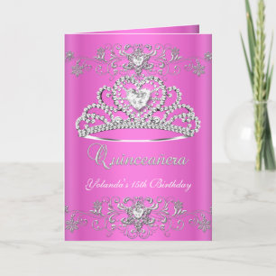 Folded Card Quinceanera Pink Glitter Tiara
