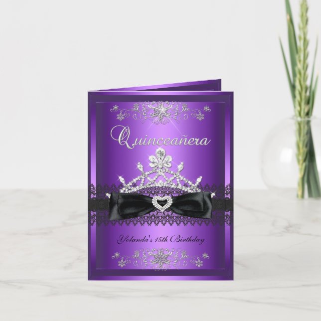 Folded Card Quinceanera Purple Glitter Tiara (Front)