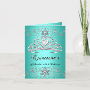 Folded Card Quinceanera Teal Glitter Tiara Photo