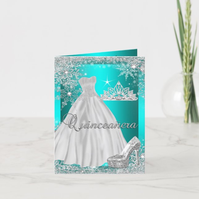 Folded Card Quinceanera Teal Tiara Photo (Front)