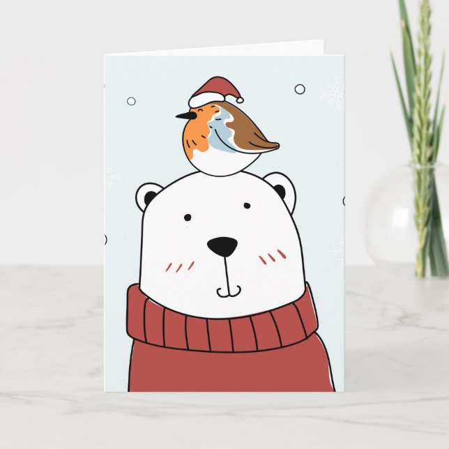 Folded CHILD'S CHRISTMAS CARD BEAR WITH BIRD (Front)