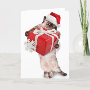 Folded Christmas Card SANTA CAT WITH GIFT