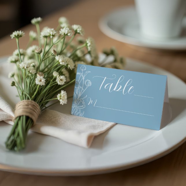 Folded Dusty Blue Floral Elegant Place Card (Wedding Reception Minimalist Dusty Blue Wildflower Seating place card )