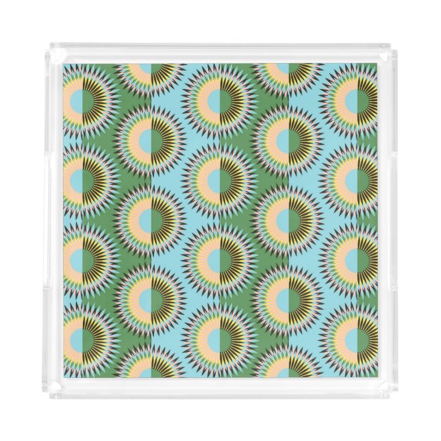 Folded flowers: retro blue-green pattern. acrylic tray (Front)