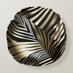 Folded Gold and Silver Bands with Black Contrast Round Pillow
