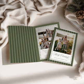 Folded Green Striped Photo Christmas Holiday Card