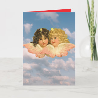 Folded Greeting Card VINTAGE TWIN ANGELS IN SKY