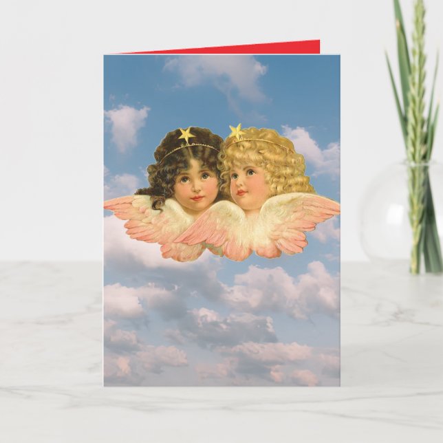 Folded Greeting Card VINTAGE TWIN ANGELS IN SKY (Front)
