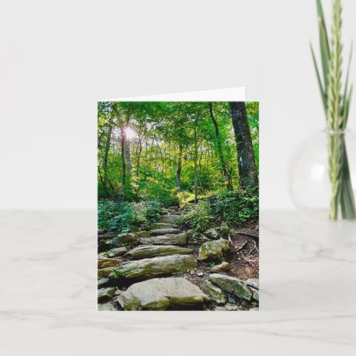 Folded greeting card with photo of forest path