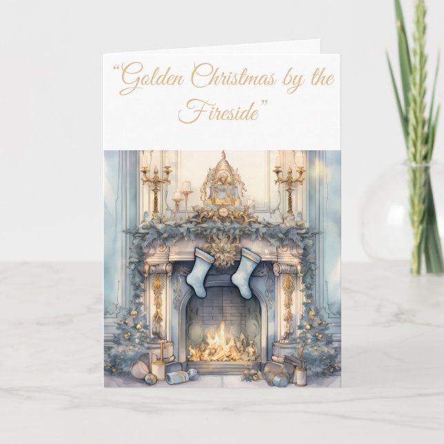 Folded Holiday Card-Blue & Gold Xmas Elegance Card (Front)