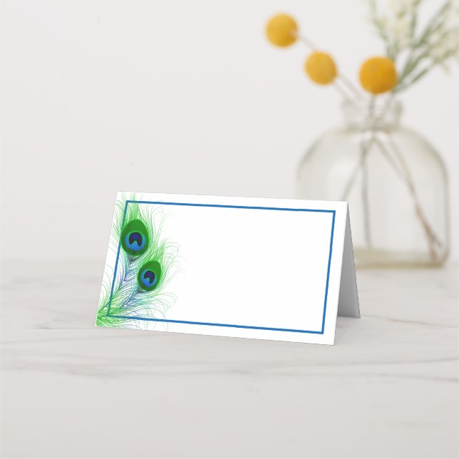 Folded Name Place Card-Peacock Feathers Card (Front)