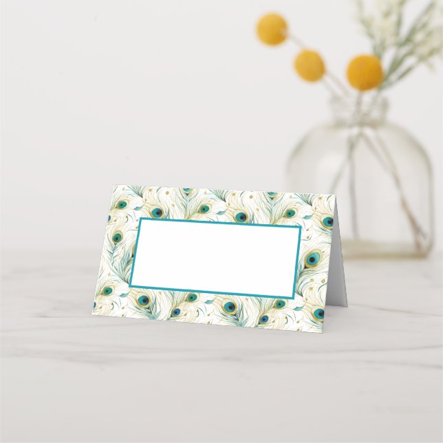 Folded Name Place Card-Peacock Feathers Place Card (Front)