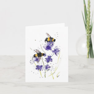Folded Note Card-watercolor of bees & violets Card
